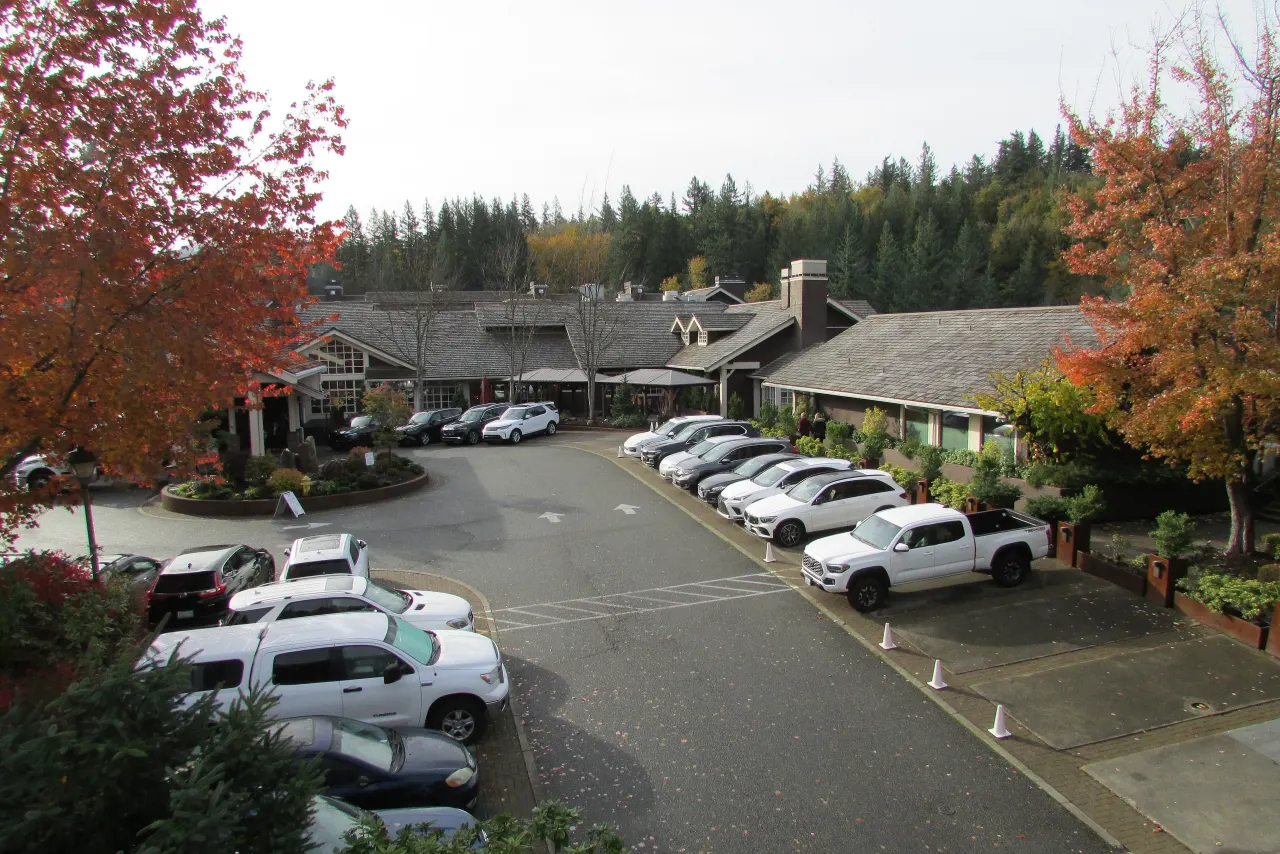 The entrance drive and lot at Salish Lodge, with orange autumn trees