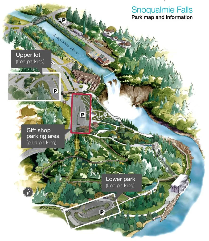 Illustrated 2017 Snoqualmie Falls parking map showing the upper lot, gift-shop lot and lower park; parking fees have changed