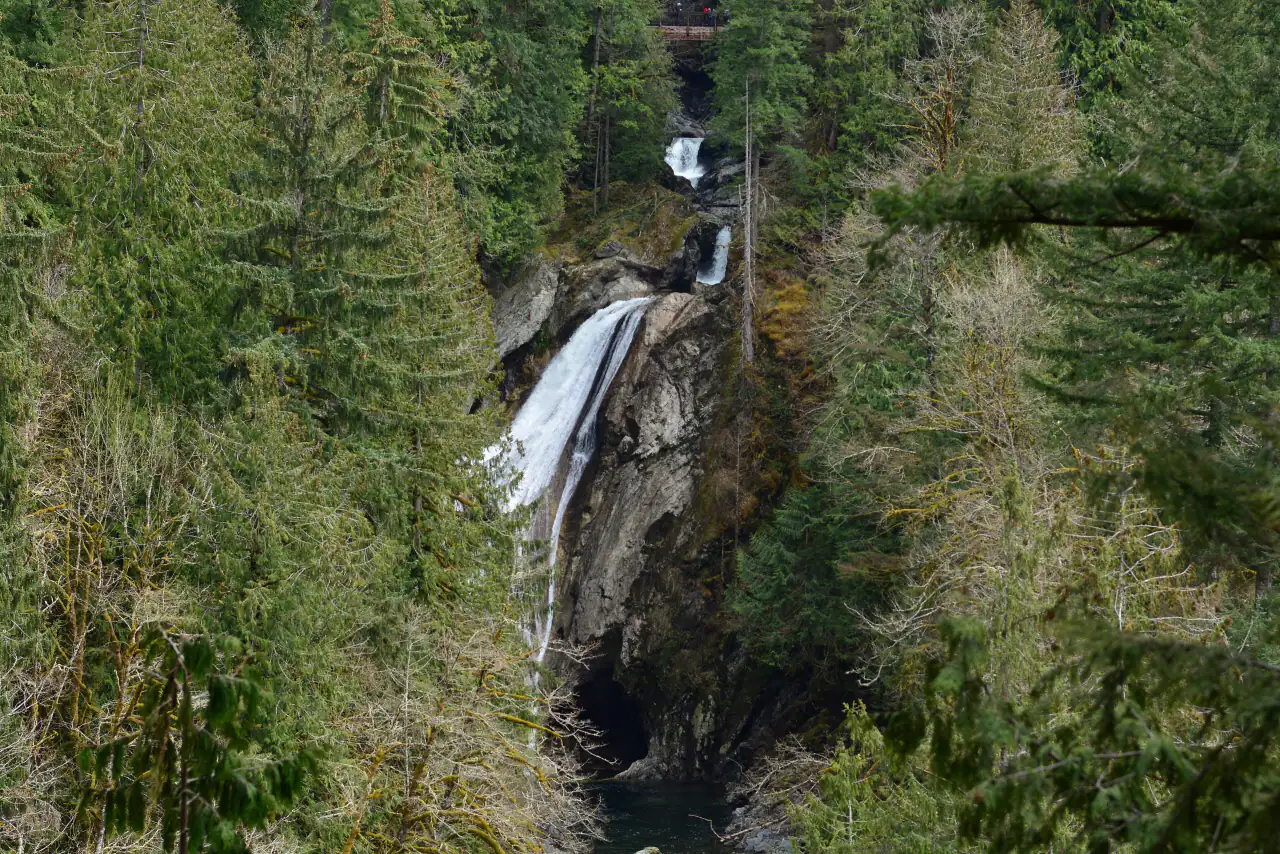 Lower Twin Falls dropping through a forested canyon on the South Fork Snoqualmie River