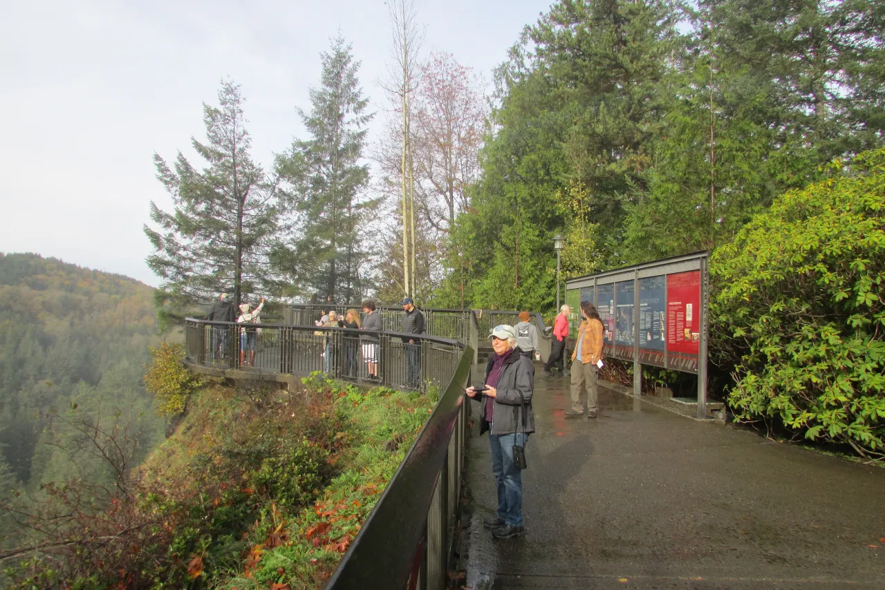 Visitors on the upper park walkway beside interpretive panels, with autumn leaves
